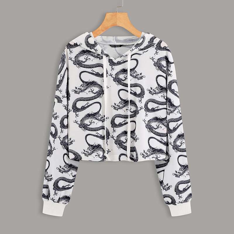

Chinese Dragon Print Drop Shoulder Drawstring Hoodie, Black and white
