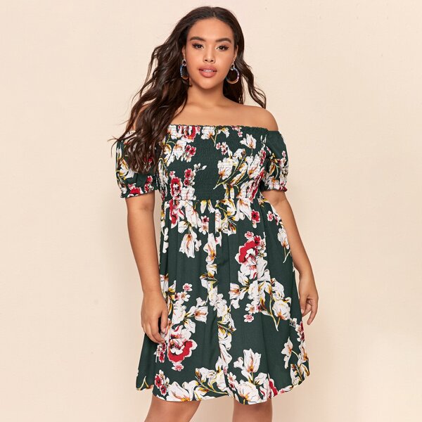 

Plus Off Shoulder Shirred Floral Dress, Dark green