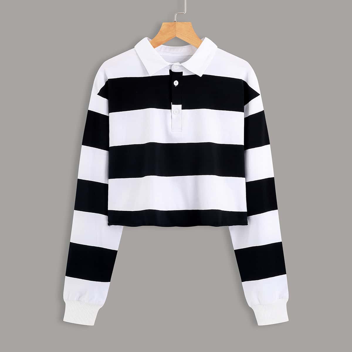 

Colorblock Polo Neck Crop Sweatshirt, Black and white