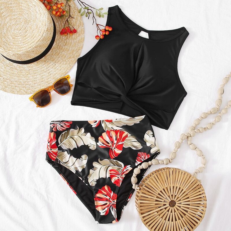 

Tropical Twisted High Waist Bikini Swimsuit, Black