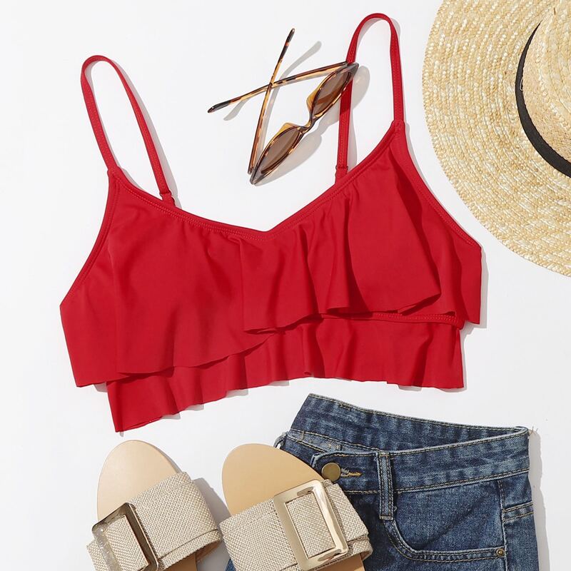 

Ruffle Trim Bikini Top, Red