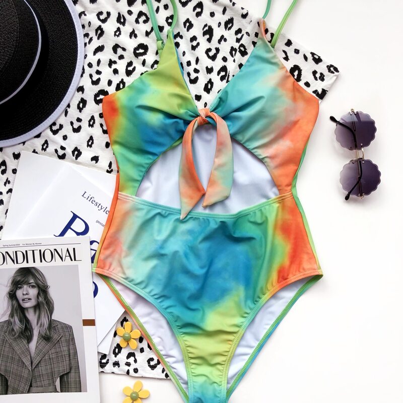 

Tie Dye Cut-out Tie Front One Piece Swimsuit, Multicolor
