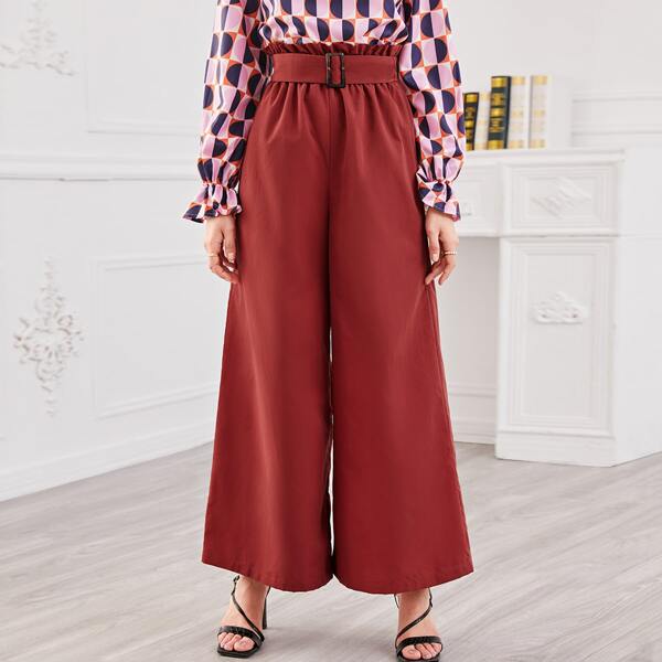 

Paperbag Waist Wide Leg Pants With Buckle Belt, Burgundy