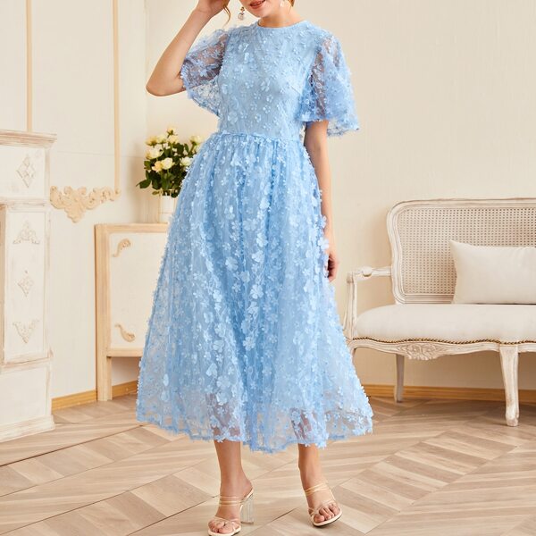 

Flutter Sleeve 3D Floral Applique Lace Overlay Dress, Baby blue