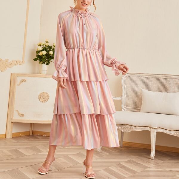

Ruffle Neck and Cuff Tie Front Tiered Holographic Dress, Baby pink