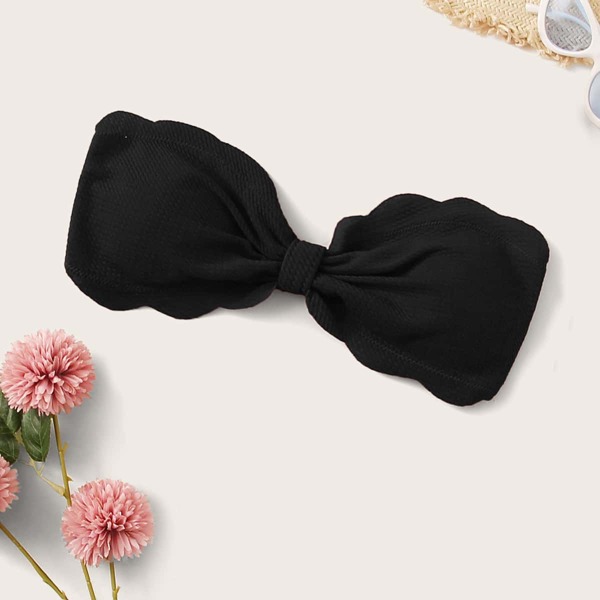 

Textured Knot Scallop Trim Bandeau Bikini Top, Black