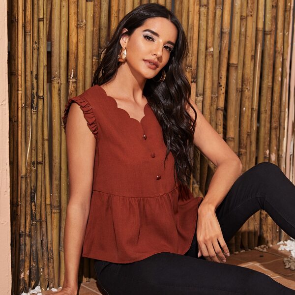 

Scallop Edge Ruffle Armhole Button Front Peplum Top, Rust brown