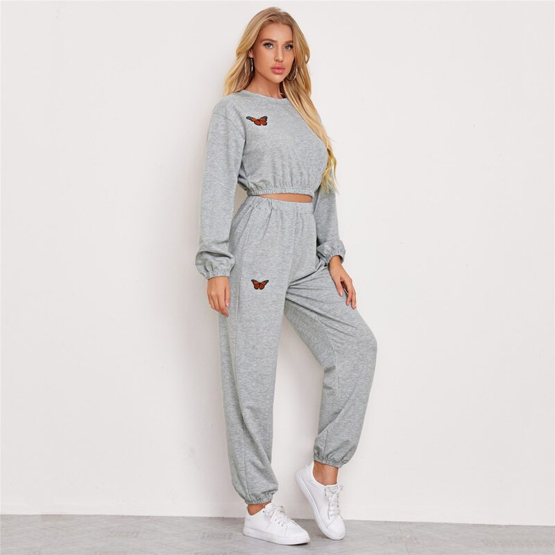 

Butterfly Print Crop Sweatshirt & Sweatpants, Light grey