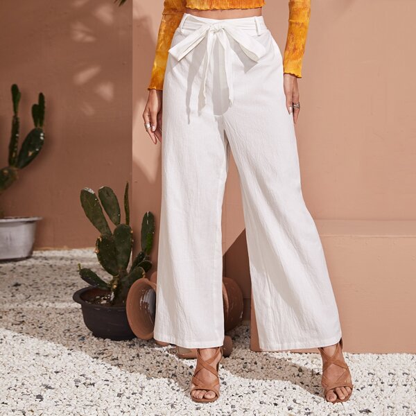 

Solid Wide Leg Belted Pants, White