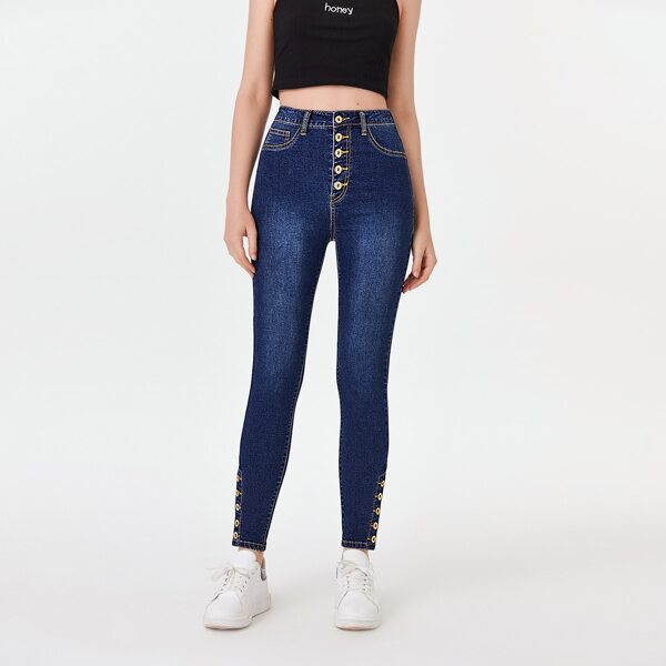 

High Waisted Button Front Jeans, Dark wash
