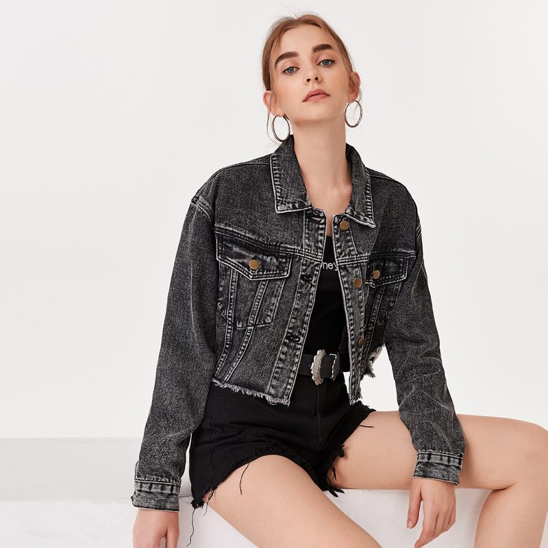 

Raw Hem Button Front Denim Jacket, Black