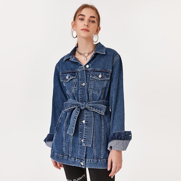 

Button Front Pocket Patched Belted Denim Jacket, Medium wash