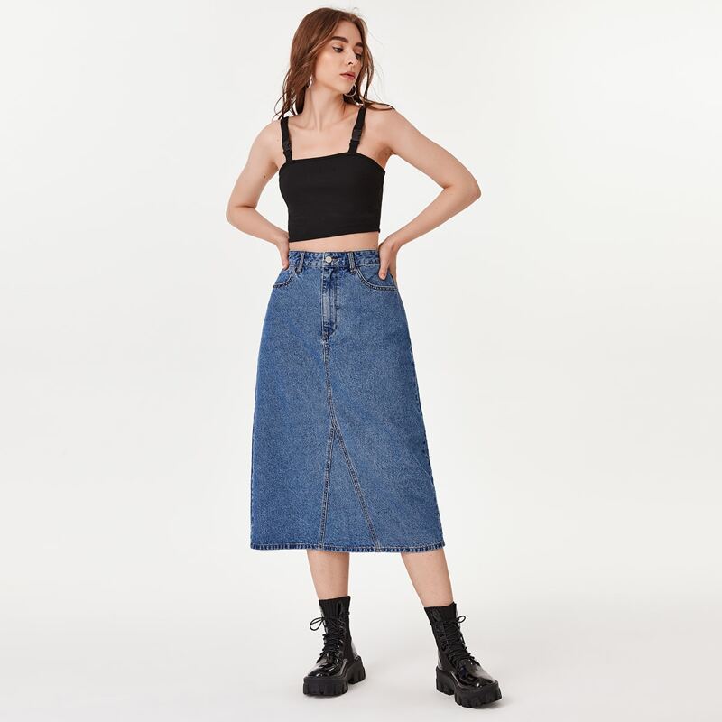 

High Waist Button Detail Denim Skirt, Medium wash