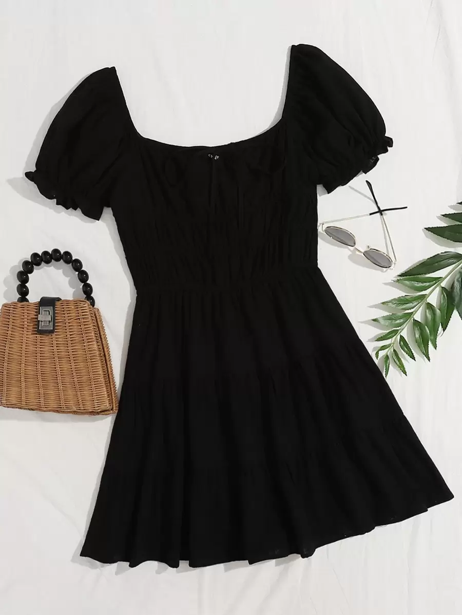Soleia Tie Neck Ruched Bust Puff Sleeve Tiered Dress - Black - View 1