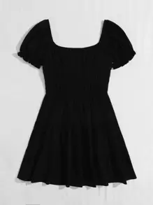Soleia Tie Neck Ruched Bust Puff Sleeve Tiered Dress - Black - View 2
