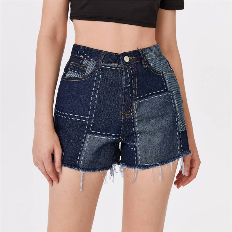 

Raw Hem Color Block Denim Shorts, Dark wash