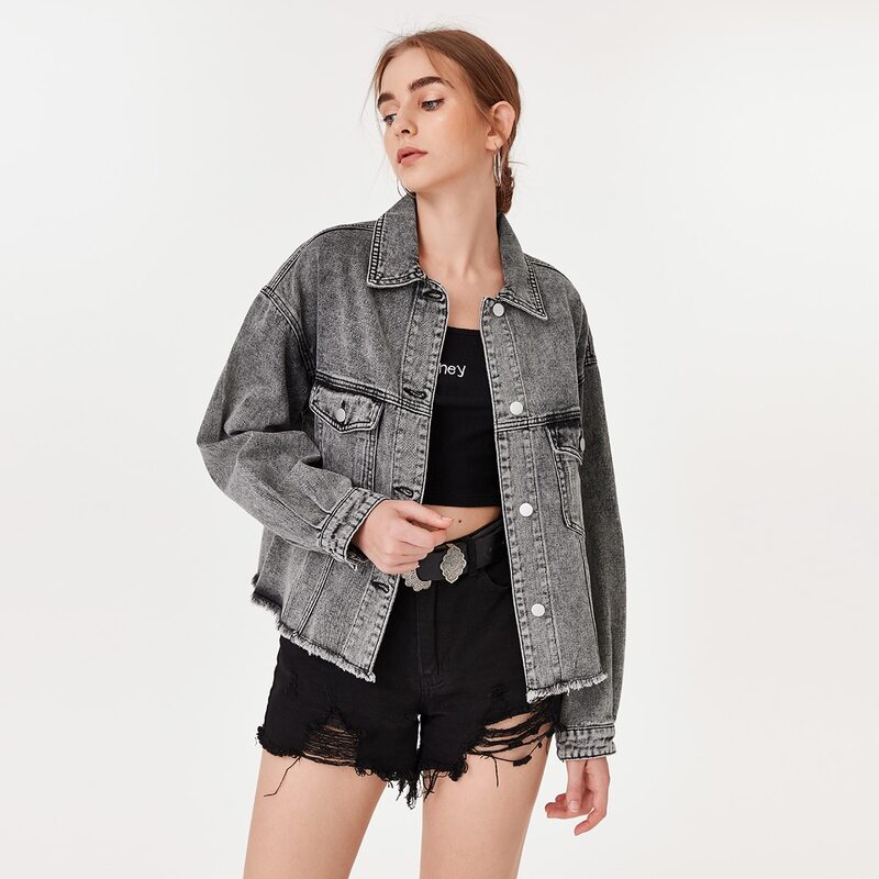 

Grey Wash Flap Pocket Raw Hem Denim Jacket
