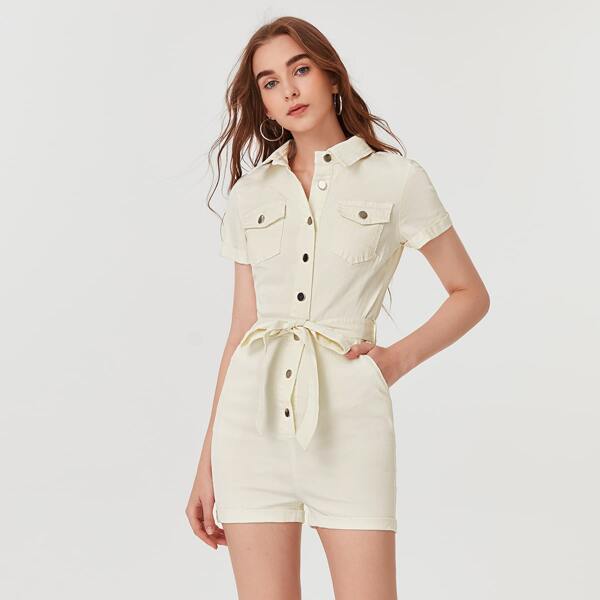 

Button Front Roll Hem Belted Denim Romper, White