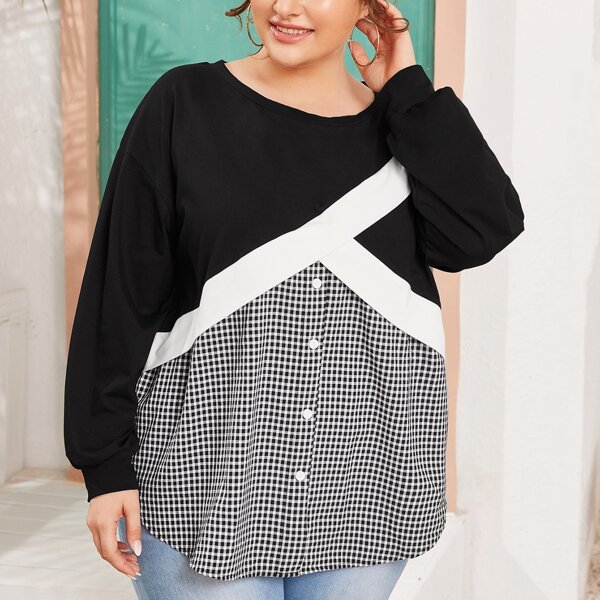 

Plus Contrast Gingham Button Detail Sweatshirt, Black and white