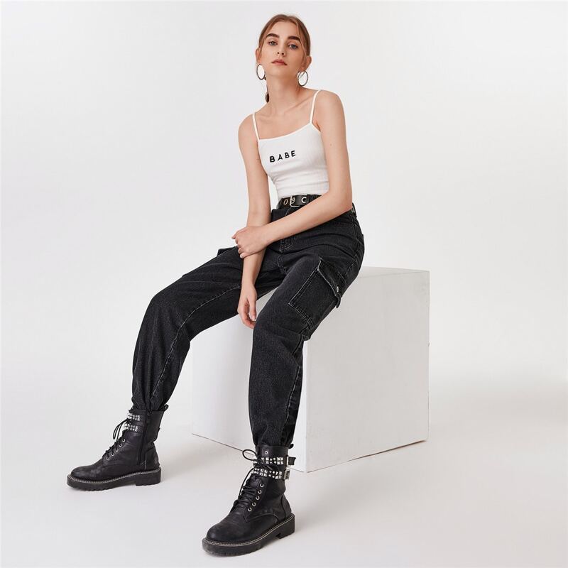 

High Waisted Flap Pocket Cargo Jeans Without Belt, Dark grey