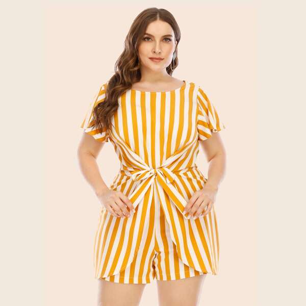 

Plus Tie Front Stripe Romper, Multicolor