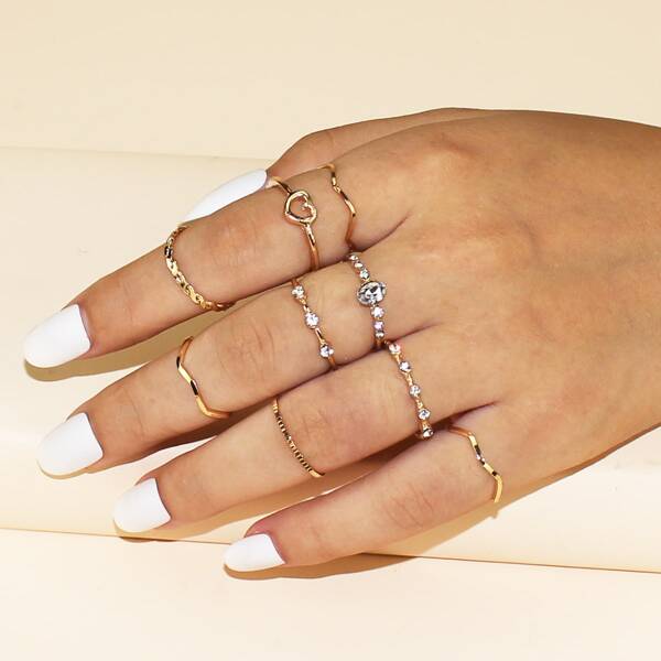 

9pcs Rhinestone Decor Heart Decor Ring, Gold