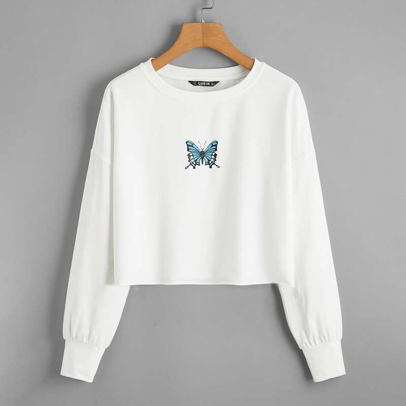

Drop Shoulder Butterfly Print Pullover, White