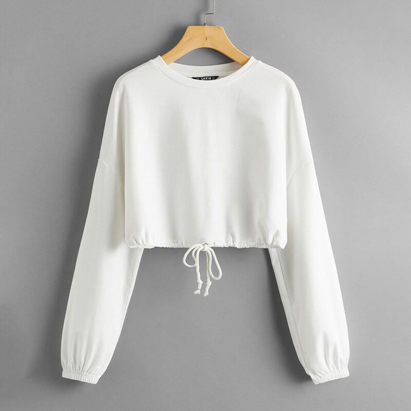 

Drop Shoulder Drawstring Hem Solid Pullover, White