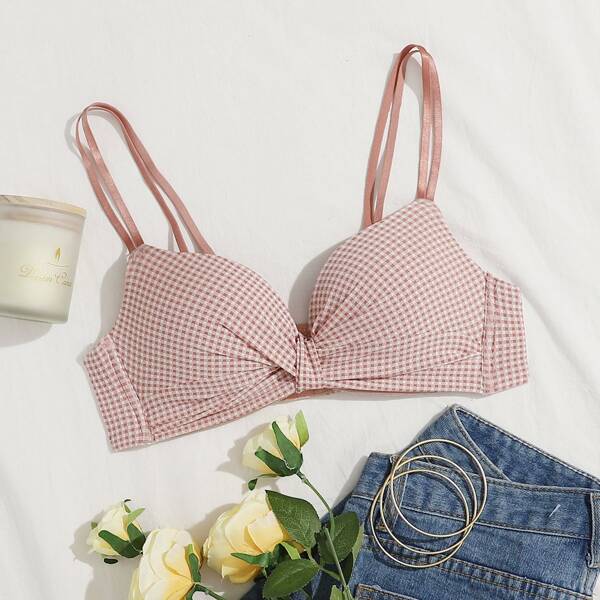 

Gingham Knot Wireless Bra, Pastel dusty pink
