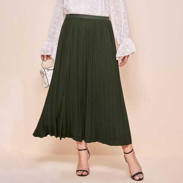 

Plus Solid High Waist Pleated Skirt, Army green