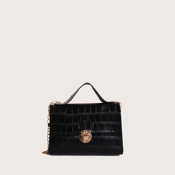 

Kids Push Lock Croc Embossed Satchel Bag, Black