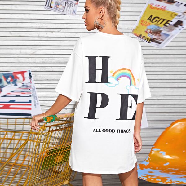 

Drop Shoulder Rainbow & Letter Print Tee Dress, White