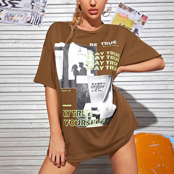 

Drop Shoulder Letter Graphic Oversize Tee, Brown