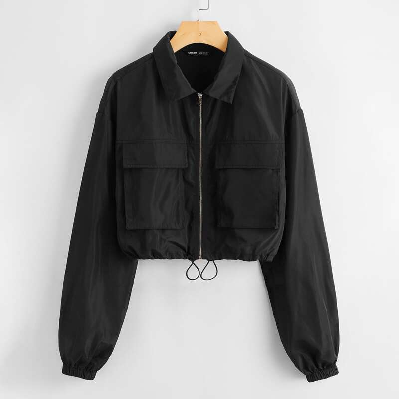 

Drop Shoulder Flap Pocket Drawstring Hem Wind Jacket, Black