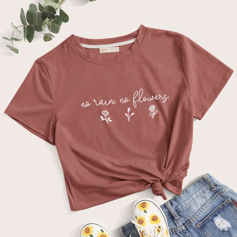 

Slogan & Floral Graphic Tee, Dusty pink