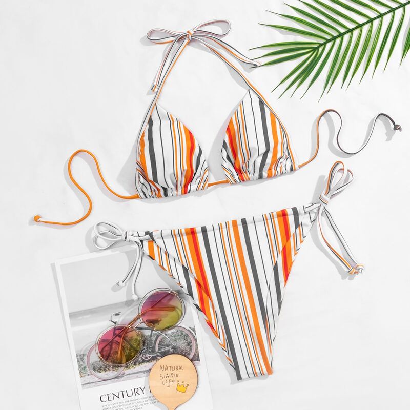 

Colorful Stripe Triangle Tie Side Bikini Swimsuit, Multicolor