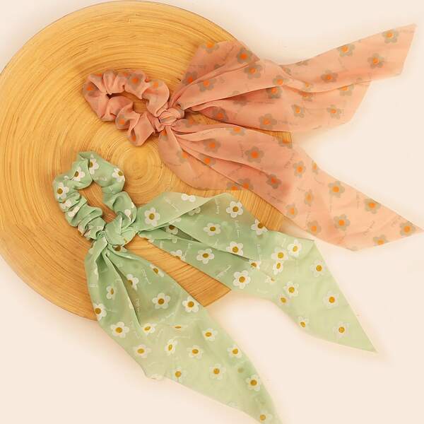 

2pcs Floral Pattern Scrunchie Scarf, Multicolor