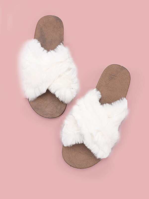fluffy criss cross slippers