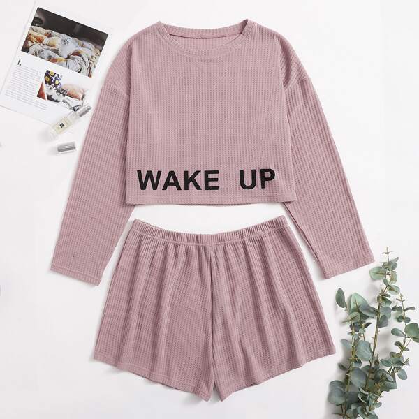 

Plus Slogan Graphic PJ Set, Dusty pink