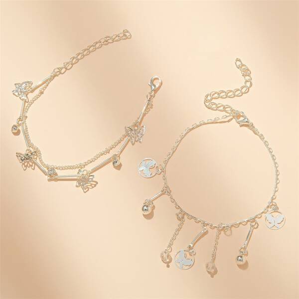 

2pcs Butterfly Tassel Decor Anklet, Silver