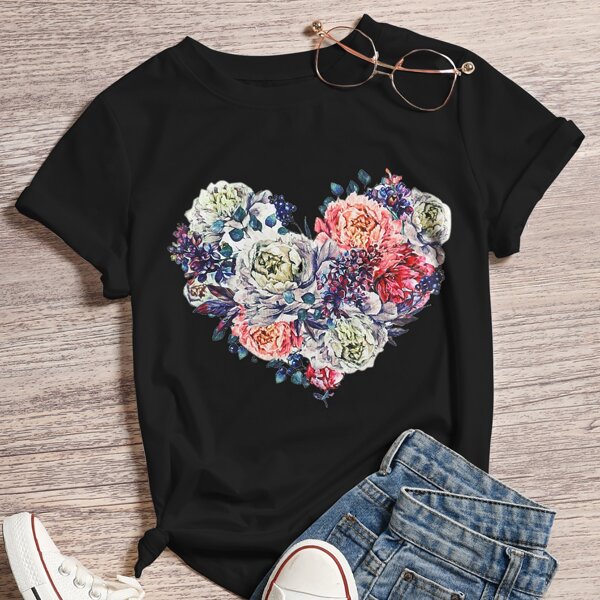 

Floral Print Short Sleeve Tee, Black