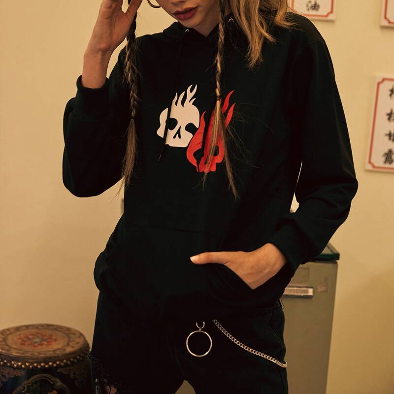 

Fire Skull Graphic Hooded Sweatshirt, Black