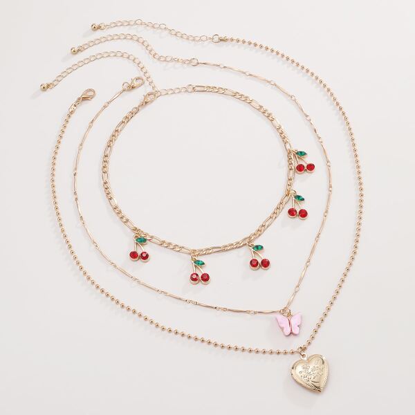 

3pcs Heart Cherry Charm Necklace, Gold