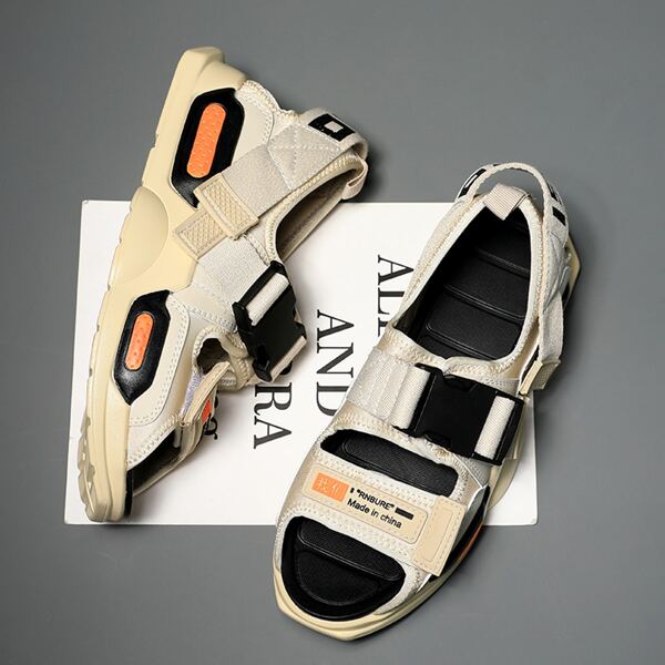 

Men Release Buckle Decor Letter Graphic Sandals, Beige