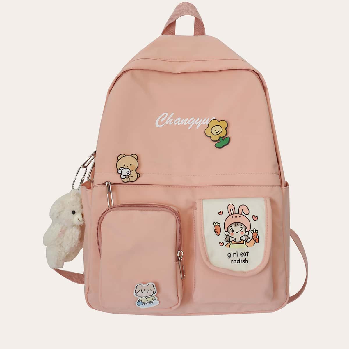 

Cartoon Decor Pocket Front Backpack, Pink