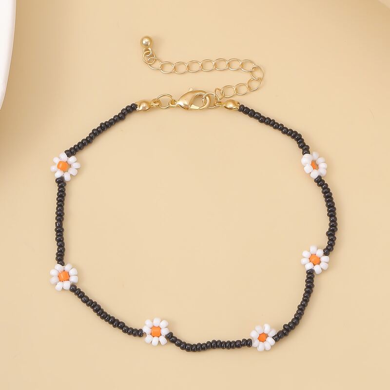

Beaded Flower Anklet, Black
