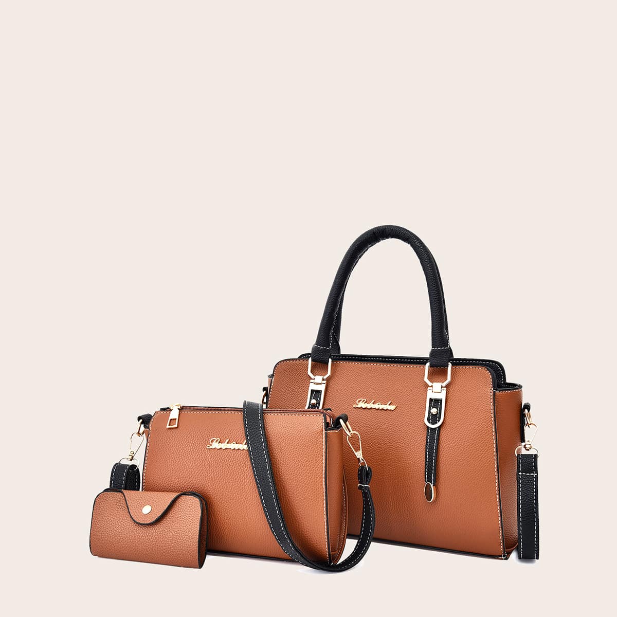 

3pcs Metal Letter Decor Satchel Bag With Purse, Brown