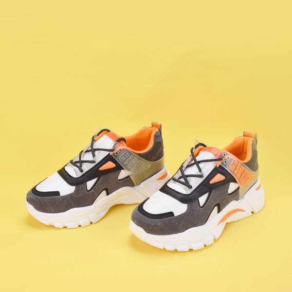 

Men Lace-up Front Wide Fit Chunky Sneakers, Black and white
