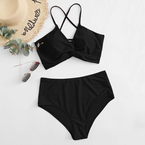 

Plus Twist Lace-up Back Bikini Swimsuit, Black