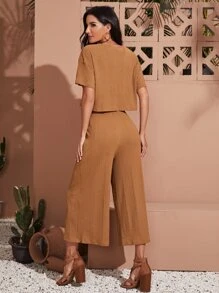 SHEIN LUNE 落肩素色打褶上衣和寬管褲子套裝 - 棕色 - 查看 2